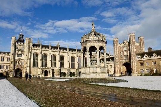 A fountain in Cambridge during winter.