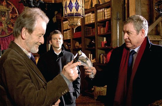 DCI Barnaby (John Nettles) confronts the villain (Ronald Pickup) in “The Magician’s Nephew,” while Sgt. Jones (Jason Hughes) looks on.